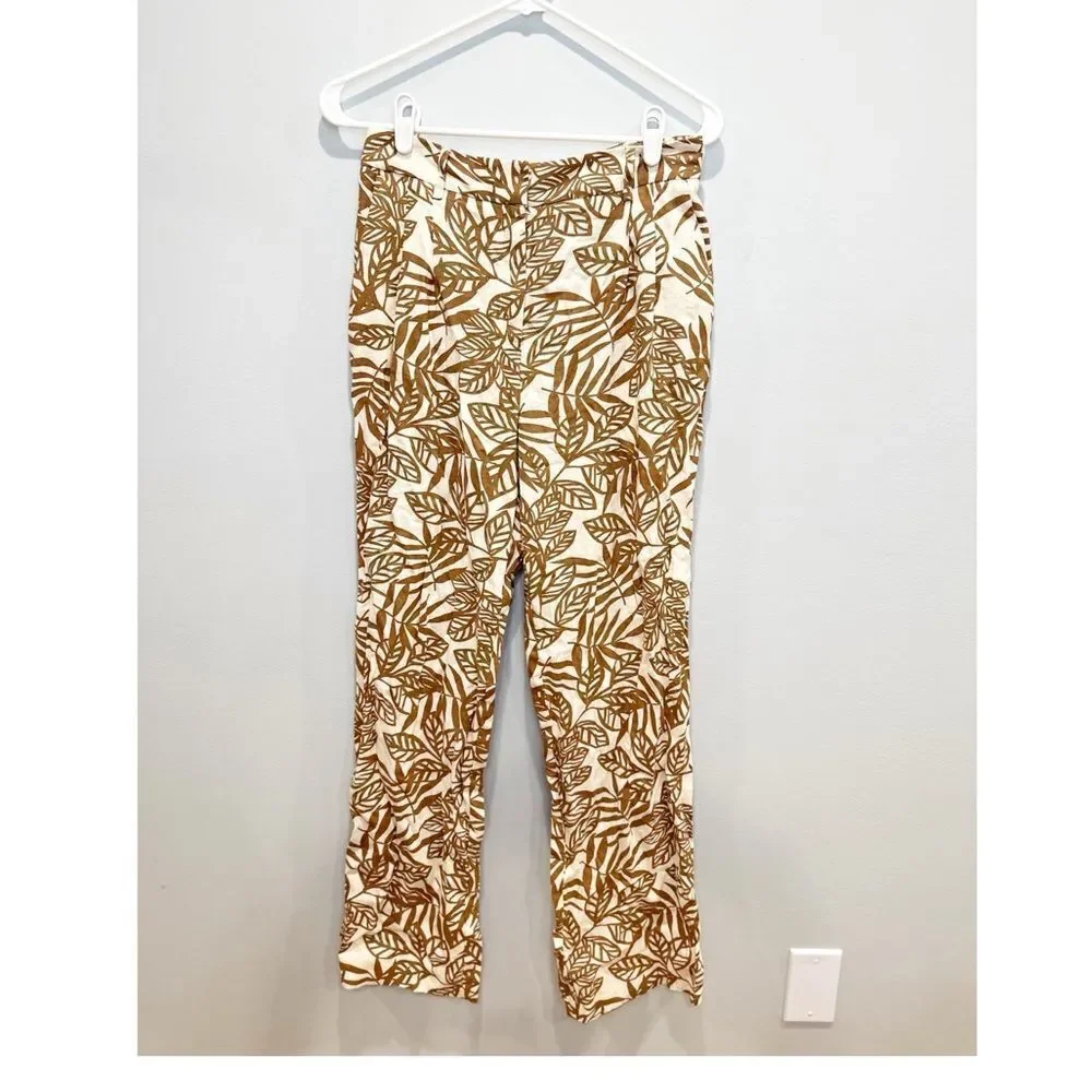 House of harlow tan cream linen blend leaf print pants